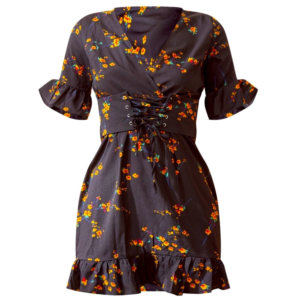 Pretty Little Thing Black Floral Corset Swing Dress Size 8. NWOT